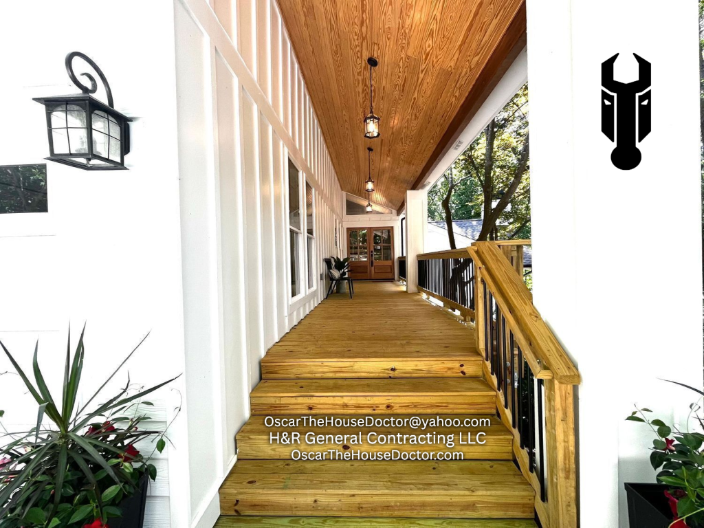 Front porch remodel featuring tongue and groove ceiling, new exterior paint, and updated light fixtures.
